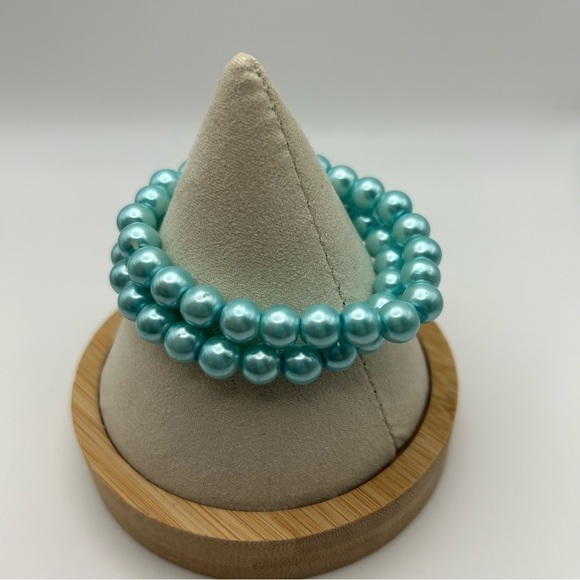 Set of Two Turquoise Blue Faux Pearl Glass Stretch Bracelets - Picture 2 of 5